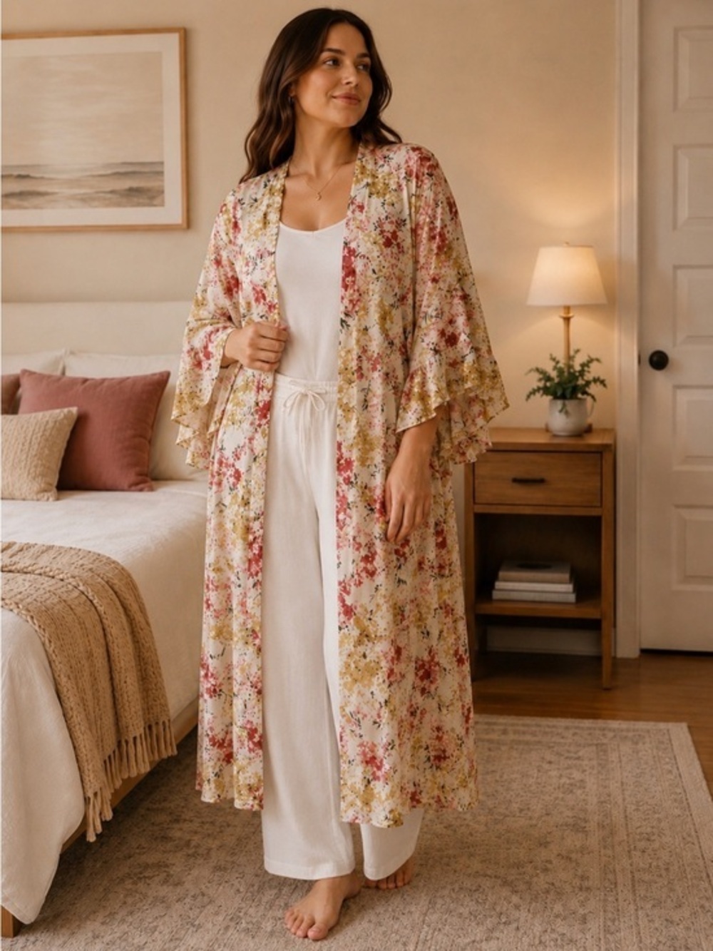 Boho Yellow Peach Chiffon Floral Open Bell Sleeve Kimono Long Robe EUC M #1405